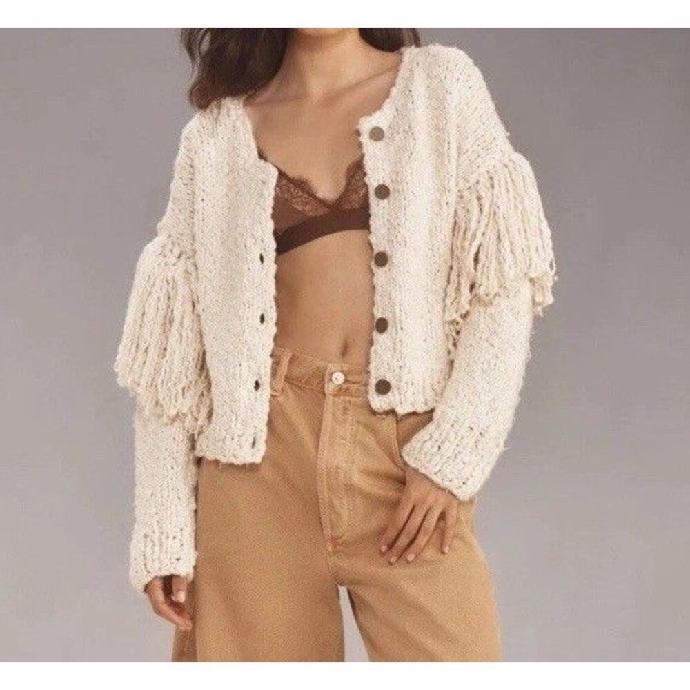 Anthropologie Chunky Fringe Cardigan Sweater Size XS/S Cream Button Front $198